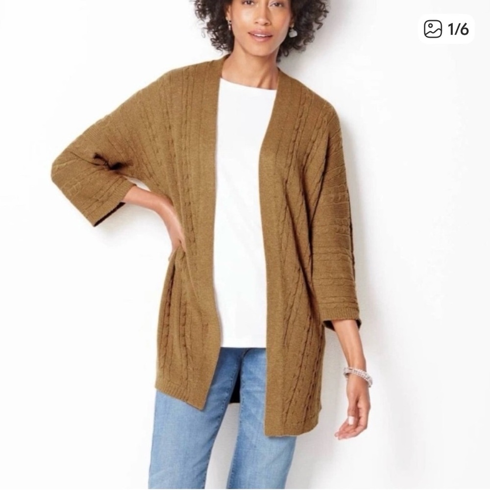 J Jill Cardigan Sweater Cable Knit Open Women S Mustard Gold Casual Fisherman